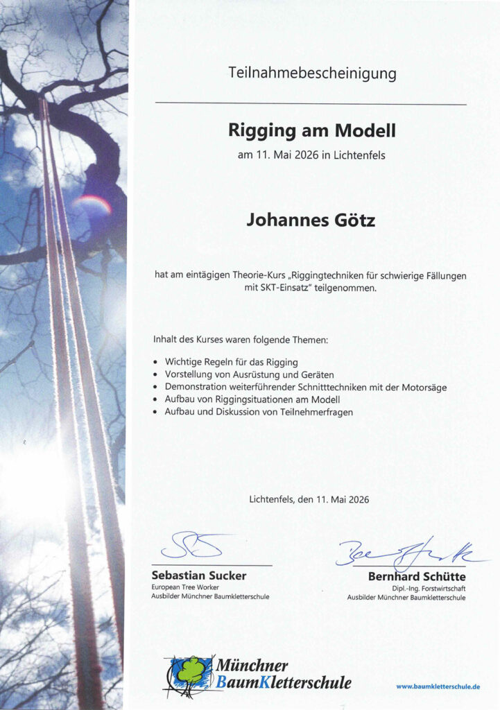 Teilnahmebescheinigung Rigging am Modell