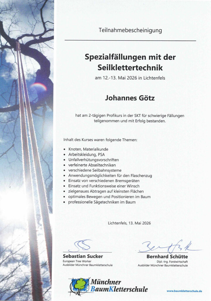 Teilnahmebescheinigung Spezialfaellungen mit der Seilklettertechnik