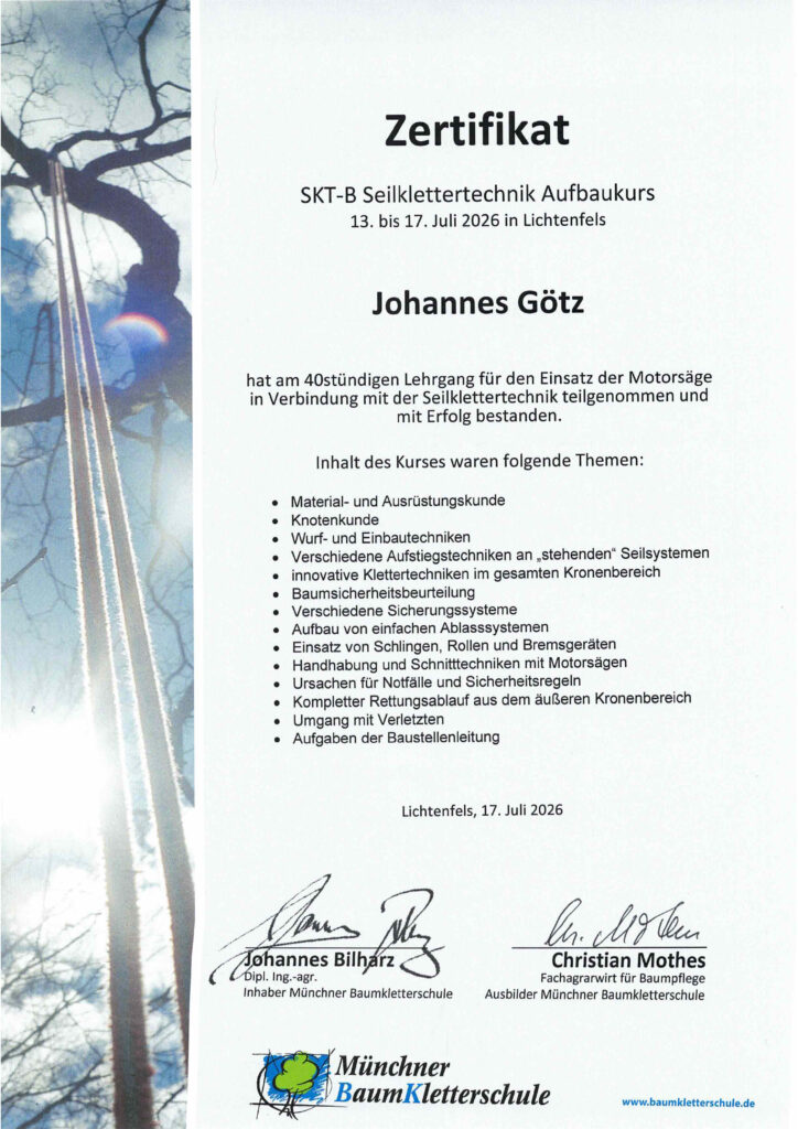 Zertifikat zum SKT-B Seilklettertechnik Aufbaukurs